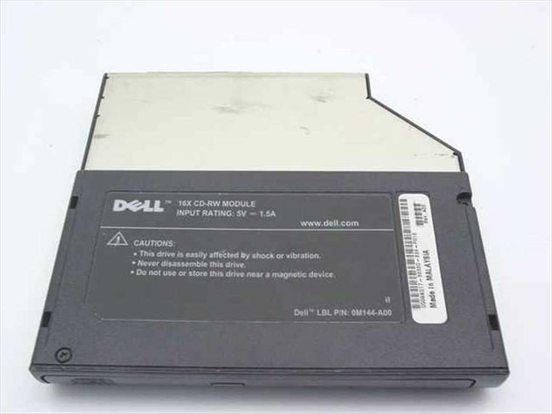 Dell 9K017 CD-RW module bottom label showing '16X CD-RW MODULE', input rating 5V 1.5A, and Dell LBL P/N 6M144-A00