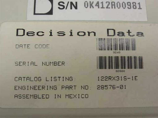 Decision Data 122RX31S-1E bottom label showing catalog listing 122RX31S-1E, engineering part number 28576-01, assembled in Mexico