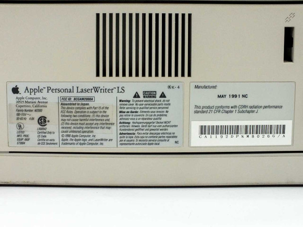 Apple Personal LaserWriter LS rear label — shows manufacture date May 1991, FCC ID BCGAM2000A, CDRH radiation performance compliance, and serial number area