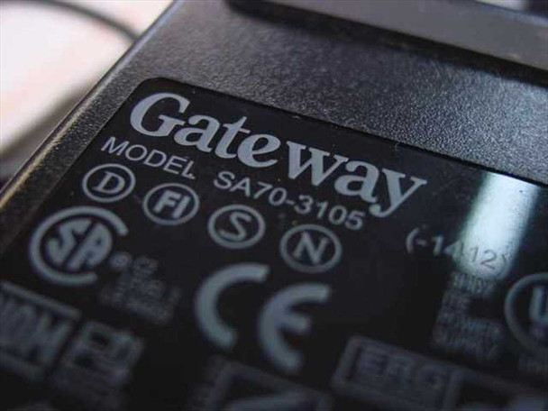 Gateway SA70-3105 model label close-up showing model number, 19VDC 3.68A rating, and CE certification markings
