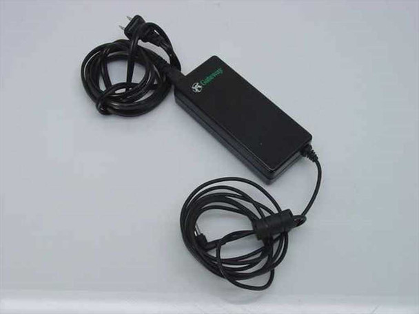 Gateway SA70-3105 AC adapter top view with attached AC power cord and output cable coiled on white background