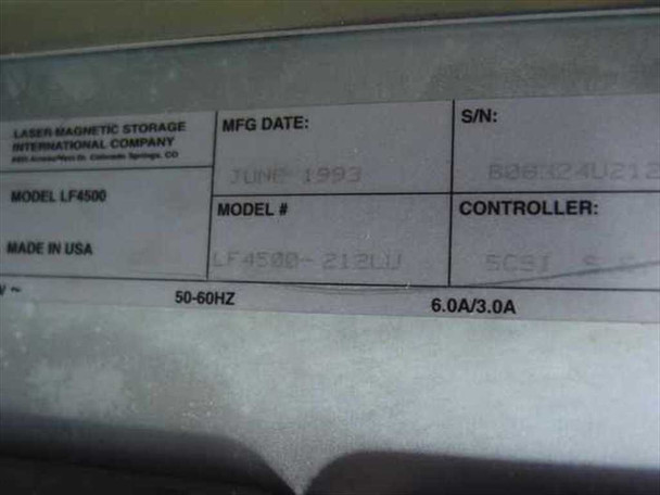 Laser Magnetic Storage LF4500-212LU rating plate label showing model number, June 1993 manufacture date, SCSI controller, 50-60Hz 6.0A/3.0A power rating, and serial number