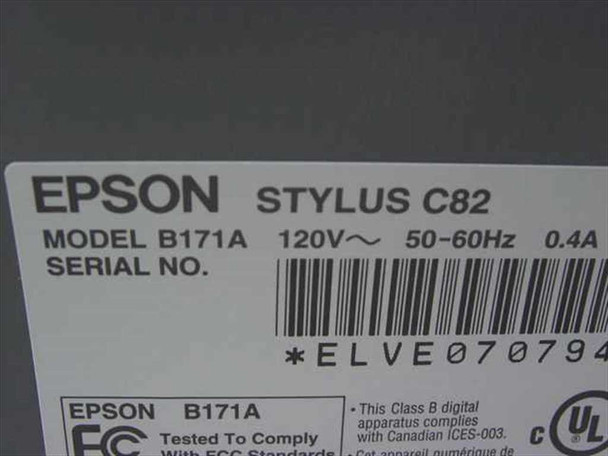 Epson Stylus C82 B171A rating label showing model number, 120V 50-60Hz 0.4A and serial number barcode