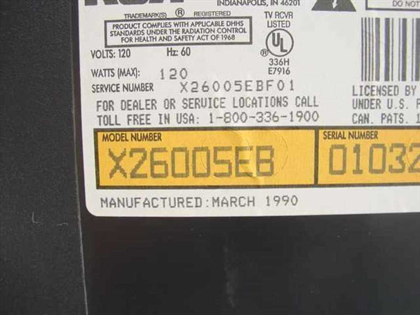 RCA X26005EB rating plate showing model number X26005EB, serial number, 120V 60Hz 120W specs, manufactured March 1990