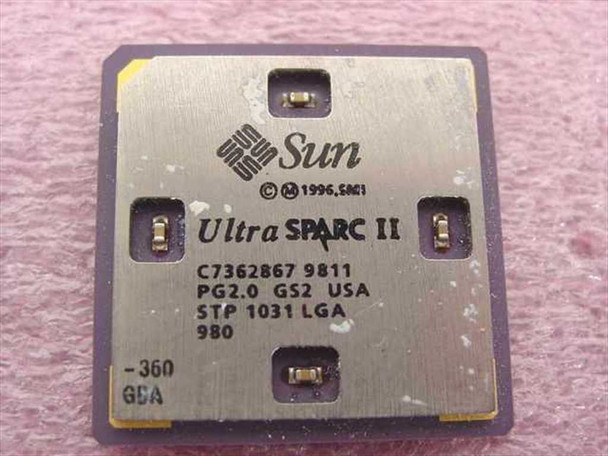 Sun STP1031 UltraSPARC II 360MHz CPU — top label showing Sun logo, Ultra SPARC II marking, STP 1031 LGA, date code 9811, and speed bin markings