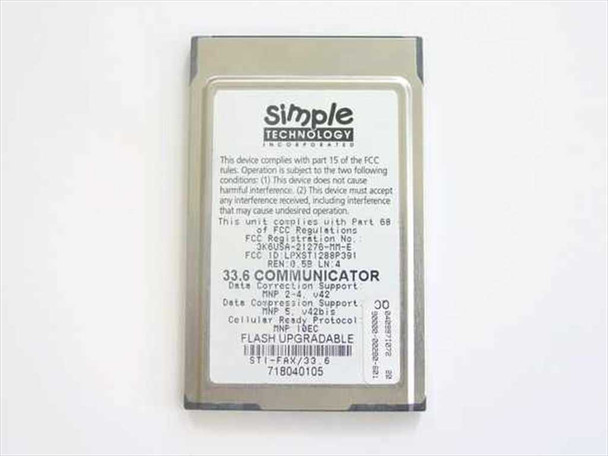 Simple Technology 33.6 Communicator PCMCIA modem — rear label with FCC compliance text, data correction and compression specs, MPN STI-FAX/33.6