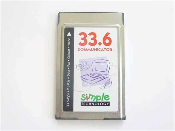 Simple Technology 33.6 Communicator PCMCIA modem — front label showing 33.6 kbps, V.34bis, Data, Fax, Cellular, Voice