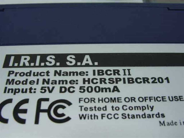 I.R.I.S. SA IBCR II label showing model HCRSPIBCR201, input 5V DC 500mA, CE and FCC markings
