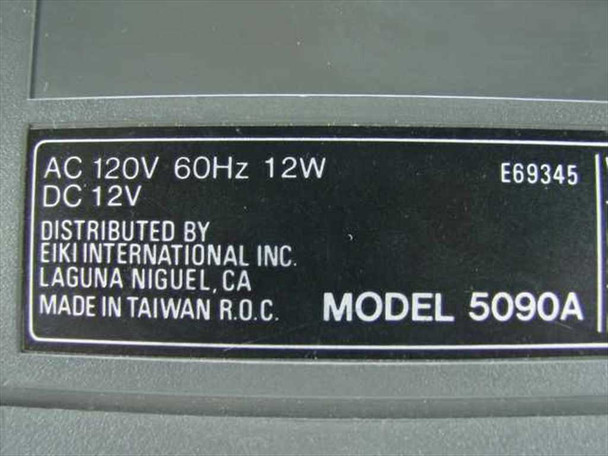 EIKI 5090A rating plate: AC 120V 60Hz 12W, DC 12V, Model 5090A, distributed by EIKI International Inc., made in Taiwan R.O.C.
