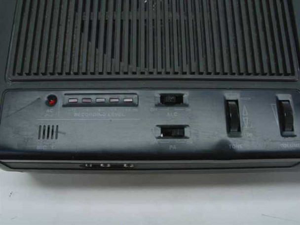 EIKI 5090A bottom panel detail showing recording level LEDs, MIC IN jack, ALC switch, PA switch, tone and volume sliders