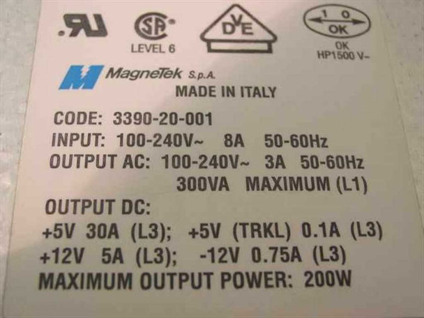 Magnetek 3390-20-001 rating label showing 200W max output, 100-240V input, DC output voltages, UL/CSA/TÜV certifications, Made in Italy
