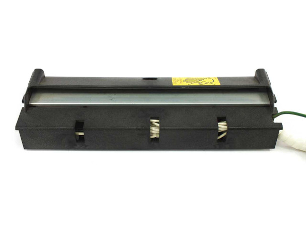 Ceramic heating element assembly side profile view showing black housing with three brush-style contact slots and green ground wire