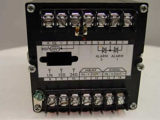 Athena Controls 6075-F-E1 — rear wiring panel showing screw terminal strip with labeled connections: TC input (+/-), RTD, terminals 3–7, Alarm 1 and Alarm 2 relay outputs, LN/120/240 power input (terminals 8–10), and HEAT and COOL output terminals (11–14)