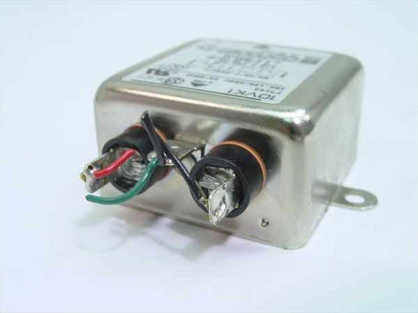 Corcom F7143 10VK1 EMI filter – angled view showing wire leads and LOAD terminals