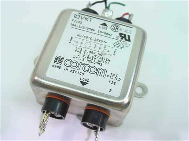 Corcom F7143 10VK1 EMI line filter – top label view showing model, voltage, and current ratings