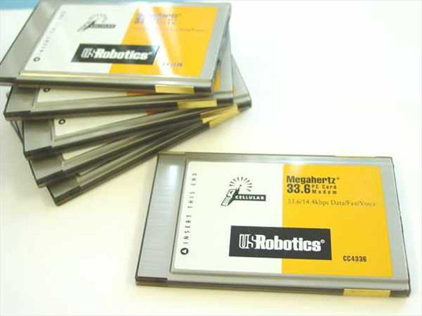 US Robotics Megahertz CC4336 33.6 Kbps PCMCIA PC Card modem — front face showing Data/Fax/Voice designation and cellular logo