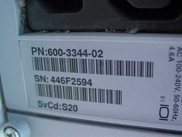 Sun SPARCstation 20 rear label close-up showing Part Number 600-3344-02, Service Code S20, and AC 100-240V 50-60Hz 4.6A power rating