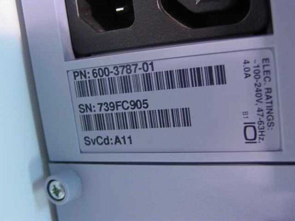 Sun Ultra Enterprise 1 rear label — P/N 600-3787-01, SN 739FC905, SvCd A11, electrical ratings 100–240V 47–63Hz 4.0A