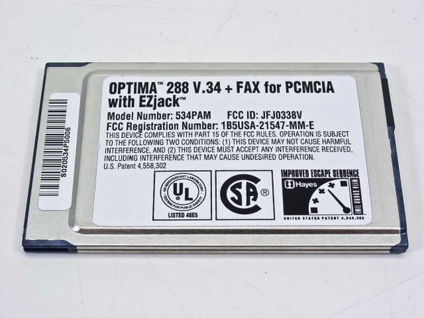 Hayes Optima 288 534PAM rear label showing model number, FCC ID, FCC registration, UL and CSA certifications
