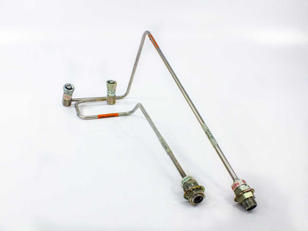 CTI Cryogenics 8143143 helium compressor supply and return line pair shown together – full view of both bent stainless steel tubes with Aeroquip couplings