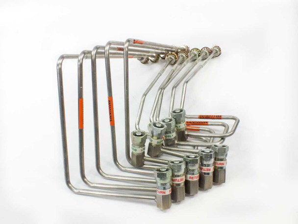CTI Cryogenics 8143143 — full set of 5 supply and 5 return helium compressor lines fanned out, showing orange supply labels and RETURN-labeled Aeroquip couplings