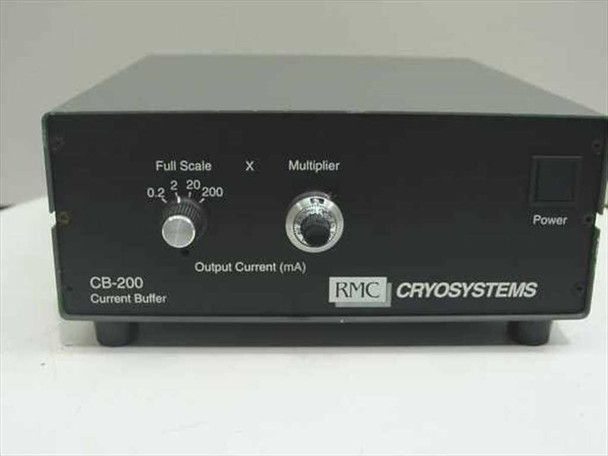 RMC Cryosystems CB-200 Current Buffer — straight front panel view showing Full Scale (0.2, 2, 20, 200 mA) selector, Multiplier knob, Output Current label, and RMC Cryosystems logo