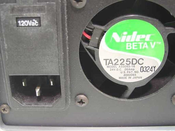 RMC Cryosystems CB-200 — rear panel detail showing 120VAC IEC inlet and Nidec Beta V TA225DC internal cooling fan