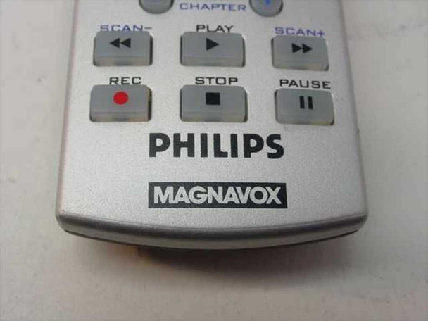 Philips Magnavox UM4 remote control — close-up of lower front showing Philips and Magnavox branding with transport buttons: Scan-, Play, Scan+, Rec, Stop, Pause