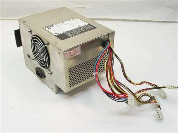 Power Tronic PTA-4200CF AT power supply – rear-right angle view showing cooling fan and multi-connector cable harness
