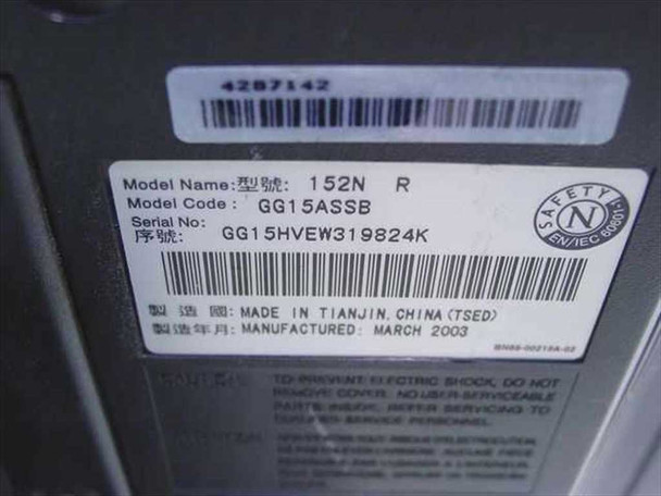 Samsung SyncMaster 152N rear label showing model name 152N R, model code GG15ASSB, serial number GG15HVEW319824K, manufactured March 2003 in Tianjin, China