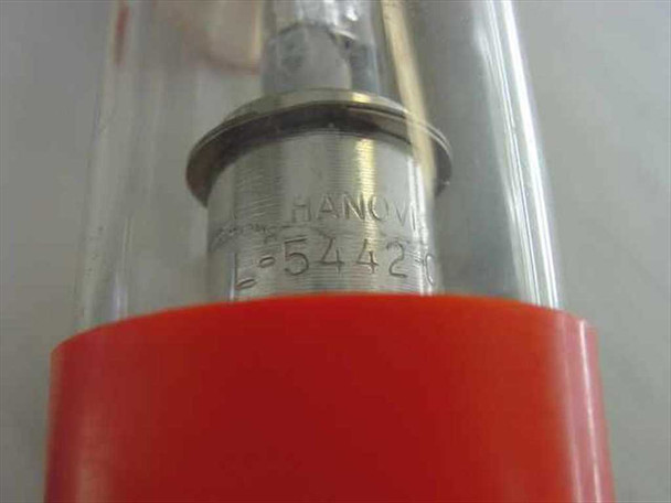 Close-up of Hanovia L-5442-000 lamp base showing engraved brand name HANOVIA and part number L-5442 on metal electrode mount