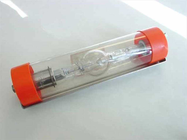 Hanovia L-5442-000 Xenon Arc Lamp in clear cylindrical transport tube with orange protective end caps — side view