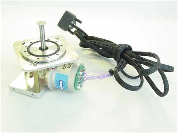 Thales Cryogenics RM5-61/03 Stirling rotary cooler – front-left view showing aluminum mounting bracket, circular flange with bolt holes, vertical cold finger rod, cylindrical motor body with blue label, purple wires, and braided cable
