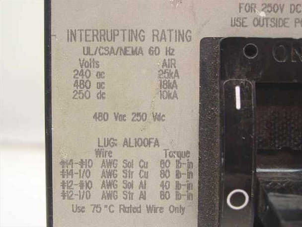 Square D FAL34050 label detail — interrupting rating table (UL/CSA/NEMA 60Hz): 240V 25kA, 480V 18kA, 250V DC 10kA; lug AL100FA wire and torque specs