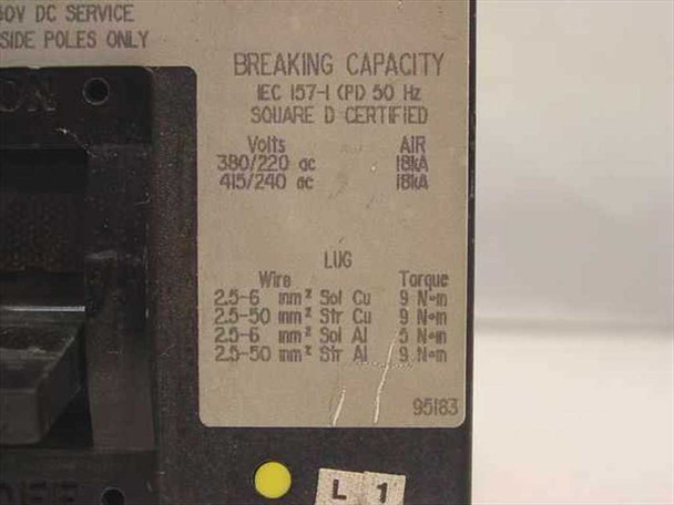 Square D FAL34050 label detail — IEC 157-1 breaking capacity (18kA at 380/220V and 415/240V AC) and metric lug wire torque specifications
