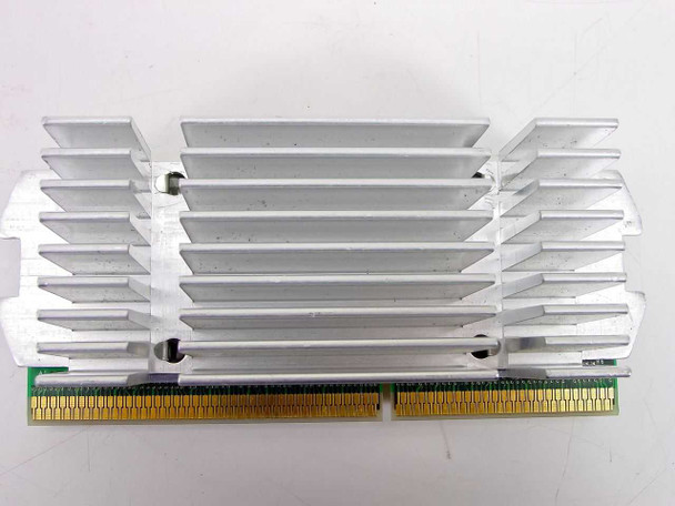 Intel Celeron SL376 366MHz SEPP processor — side view showing large aluminum finned heatsink and Slot 1 gold edge connector contacts