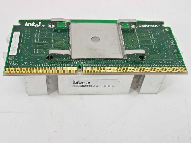 Intel Celeron SL376 366MHz SEPP processor — front angled view showing Intel and Celeron logos, heatsink, and barcode label reading Part ID 2503638 LC