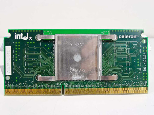 Intel Celeron SL376 366MHz SEPP processor — PCB front view showing Intel and Celeron branding with integrated heatsink spreader plate marked CS26-A