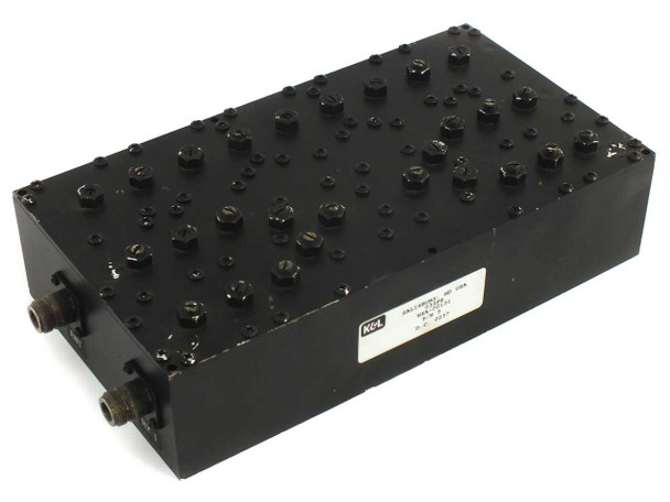 K&L WSA-00131 RF microwave cavity filter top view showing tuning screw array and K&L label