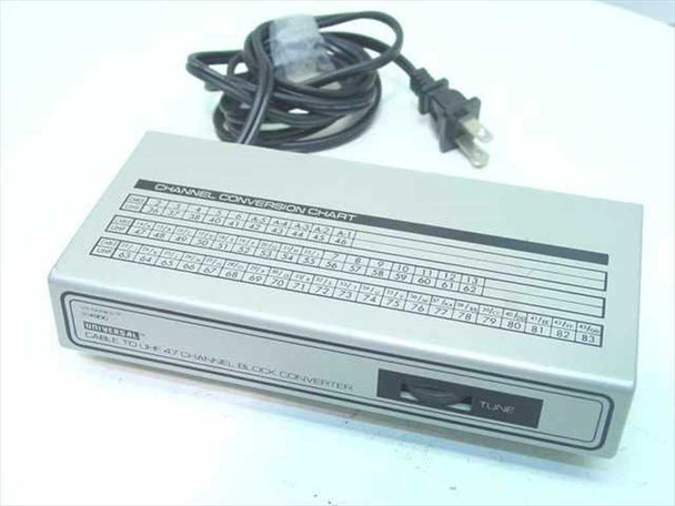 Universal E72083 CATV Cable to UHF 47-Channel Block Converter – front panel view showing channel conversion chart, Universal branding, and TUNE knob with attached power cord