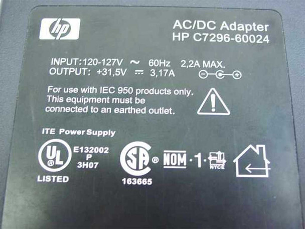 HP C7296-60024 AC adapter – label closeup showing input 120-127V 60Hz, output 31.5V 3.17A, UL and CSA certifications