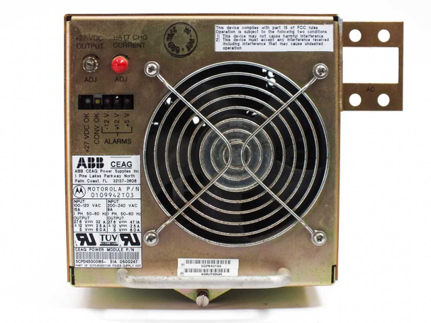 Motorola SGPN4018A Microcite Power Supply – front face closeup showing ADJ trimmers, alarm LED indicators, fan grille, and ABB CEAG branding label