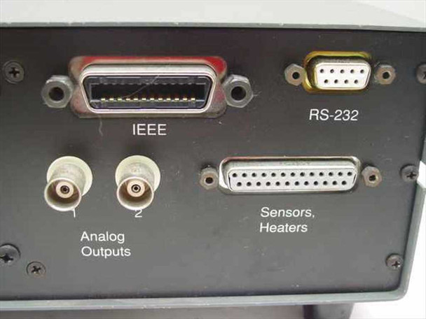 RMC Cryosystems CR31-42 Temperature Controller – rear panel close-up showing IEEE GPIB port, RS-232 DB9, two BNC Analog Outputs, and Sensors/Heaters D-Sub connector