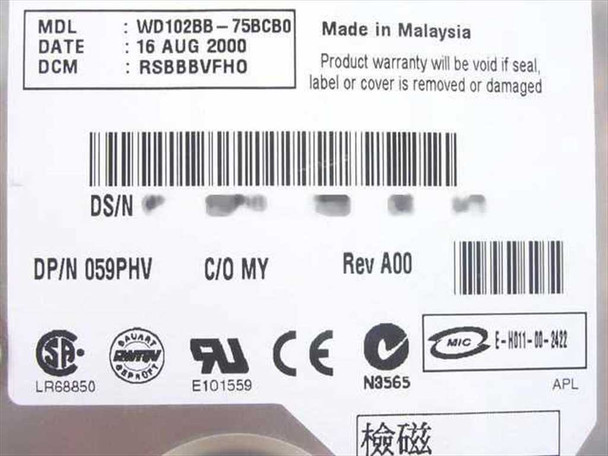 Western Digital WD102BB-75BCB0 label closeup showing model, manufacture date 16 Aug 2000, Dell DP/N 059PHV, Rev A00, Made in Malaysia