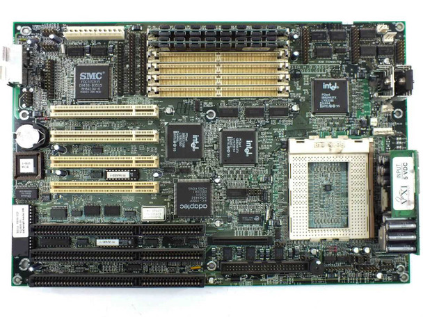 Acer 48.59101 Socket 8 motherboard top-down view showing SMC Super I/O, Intel chips, Adaptec onboard SCSI controller, and full expansion slot layout