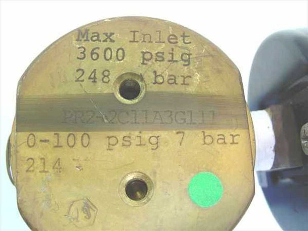 GO Regulator PR-2 brass body label showing max inlet 3600 psig / 248 bar, part number PR-2A2C11A3G111, and 0–100 psig / 7 bar outlet range