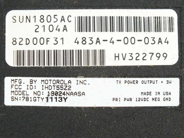 Motorola SCN2449A transceiver label showing model 19024NAASA, FCC ID IHDT55Z2, TX Power Output 3W, and 12VDC primary power