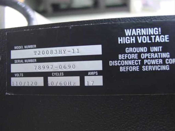 Photosonic T20083HY-11 rating label — Model Number T20083HY-11, Serial Number 78997-0690, 110/120V, 50/60Hz, 17 Amps, with High Voltage warning