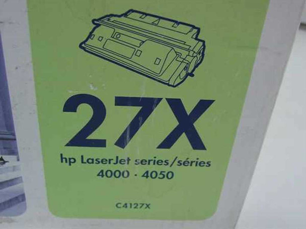 HP LaserJet 27X series label close-up on box showing C4127X part number and compatibility with LaserJet 4000 and 4050 series