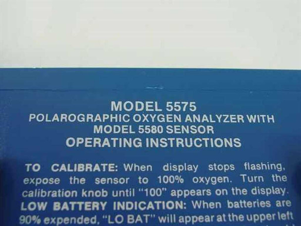 Ventronics Model 5575 operating instructions label on unit — Polarographic Oxygen Analyzer with Model 5580 Sensor calibration and low battery instructions